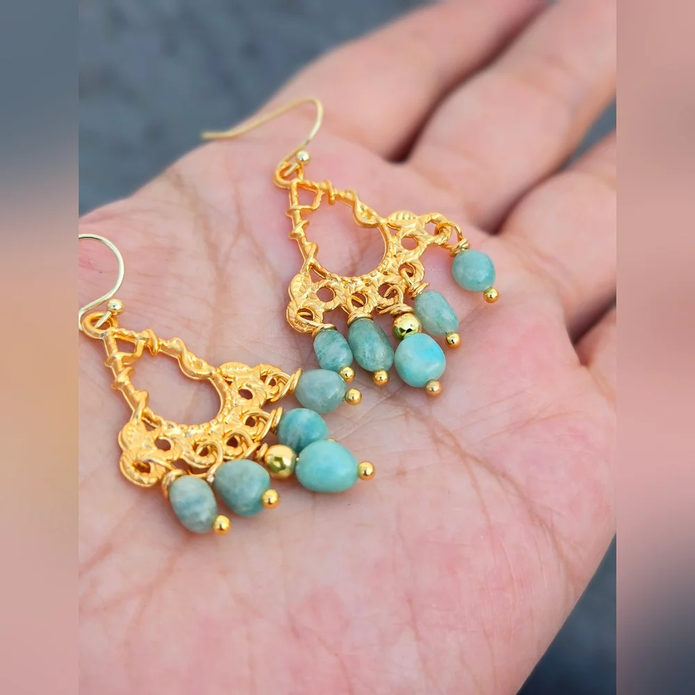 Amazon's Stone Of Hope  Amazonite In Mystical Filligree Gold Plated Earrings